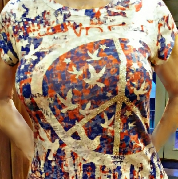 INC Red, White, & Blue Peace Sign Top (Petite S) - Picture 1 of 4